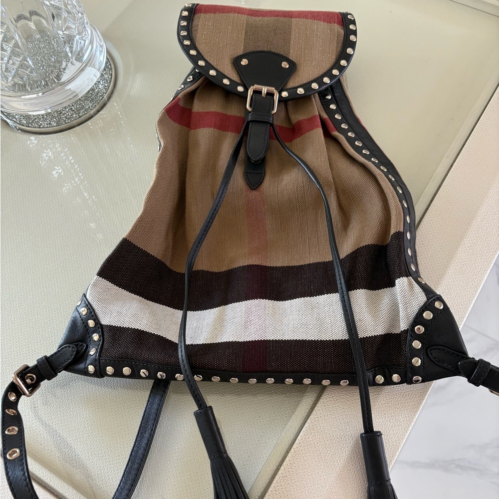Burberry Tan and Black Check Drawstring Backpack with Stud Trim